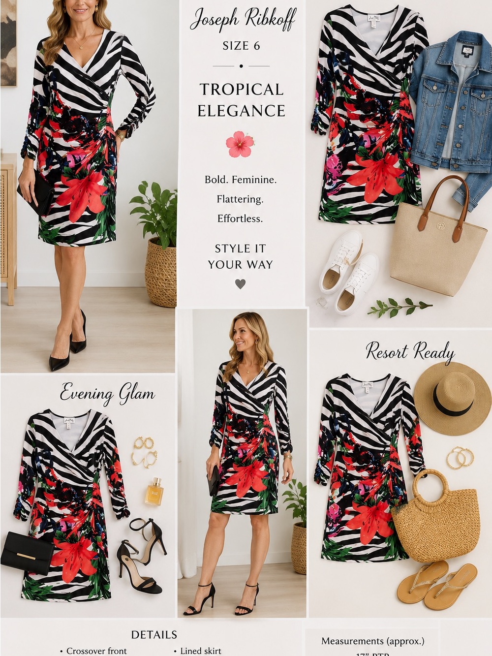 Joseph Ribkoff Black Zebra Floral Wrap Dress with Red & Green Accents SZ 6